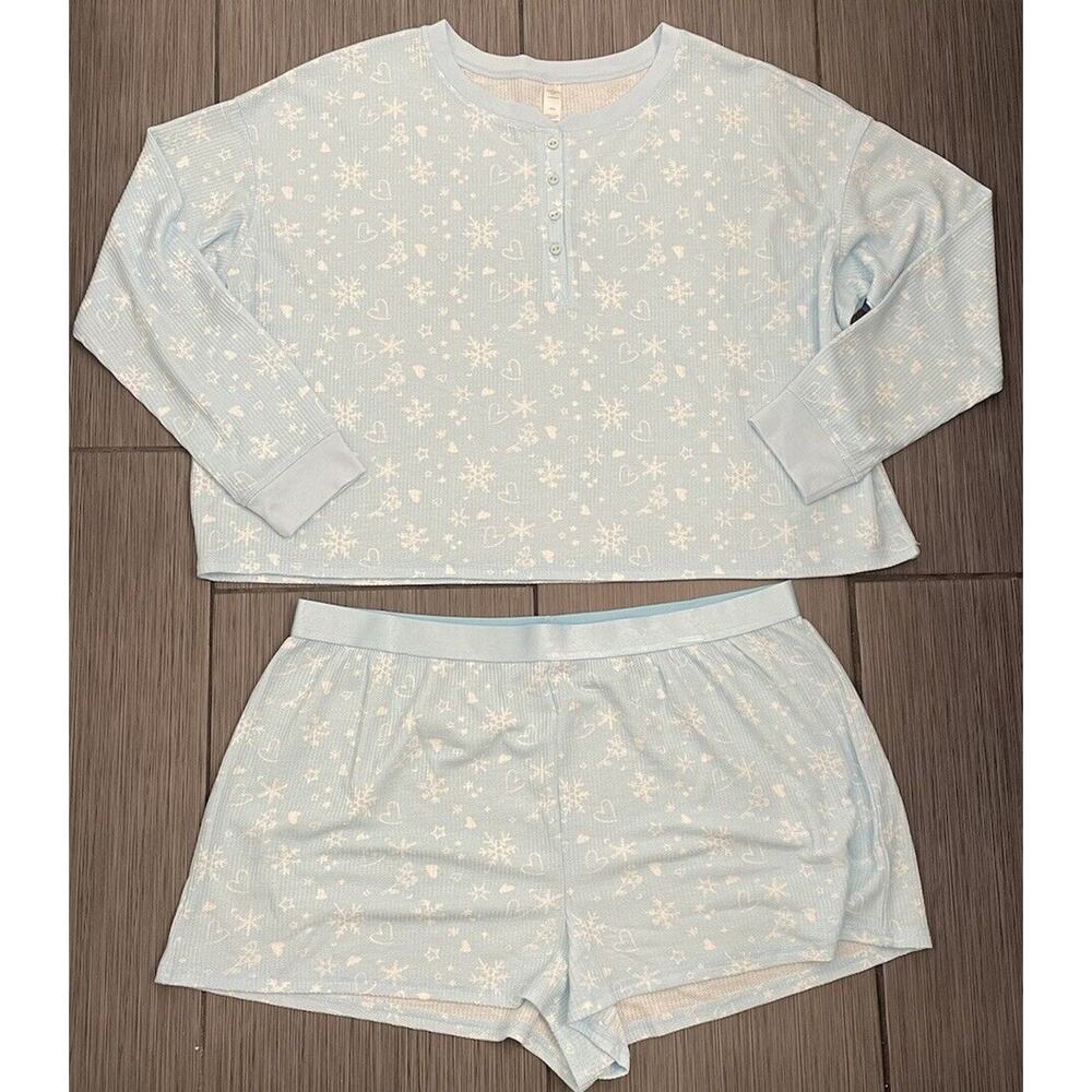 Arizona Body Juniors Waffle Long Sleeve 2pc Shorts Pajama Set Blue Heart XXL NWT